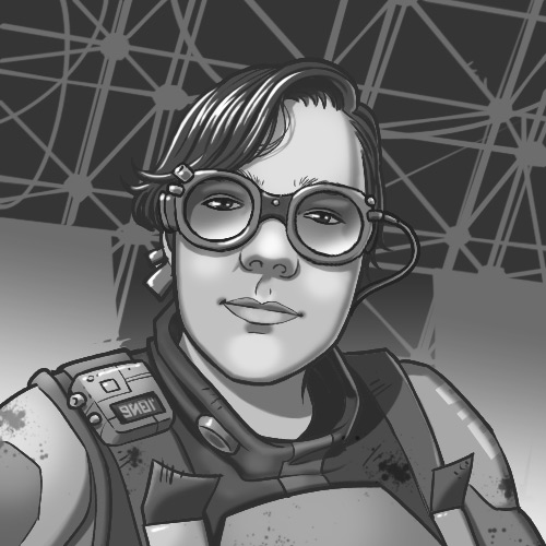 Greyscale head-and-shoulders illustration of a woman with glasses in a space jumpsuit.